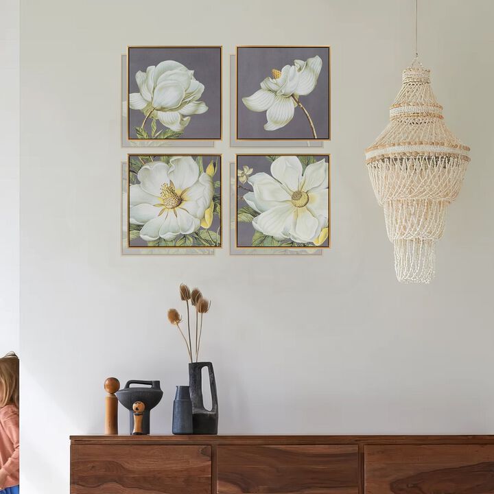 Nia 20 x 20 Flower Wall Art Set of 4, White, Green Microfiber, Pine Wood