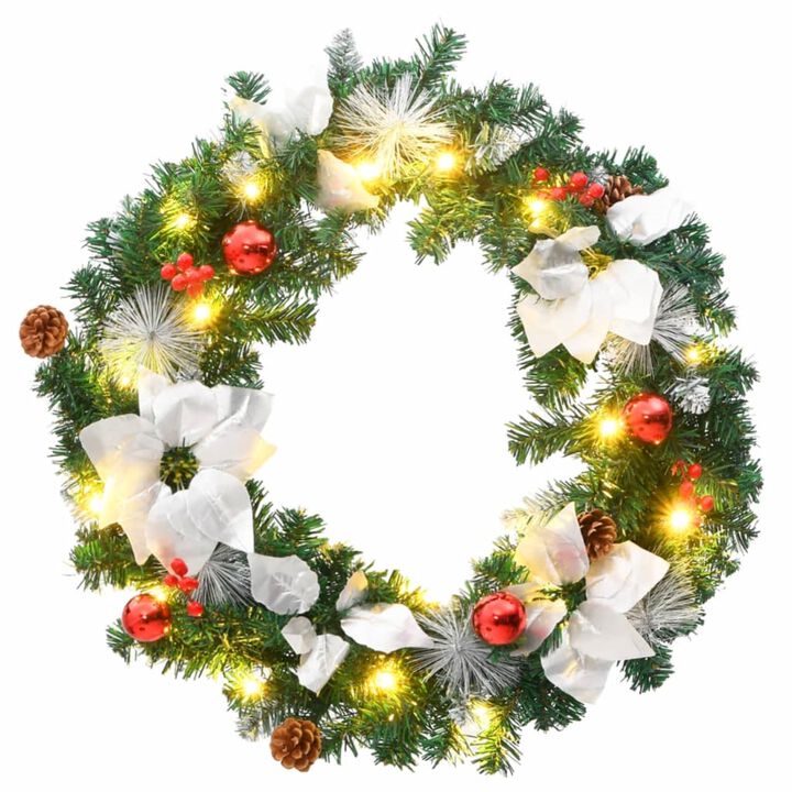 vidaXL 23.6" Christmas Wreath with LED Lights and Decorative Baubles - Green, Silver & Red - PVC Material - Indoor/Outdoor Use