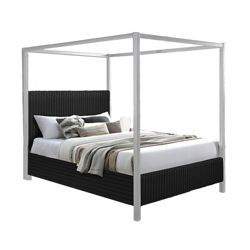 Keri Queen Canopy Bed, White Slatted Wood Frame, Black Upholstery
