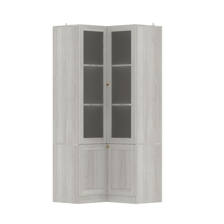 FUFU&GAGA Modern Wood Grain Corner Bookcase with Adjustable Shelves and Glass Doors (31.5" W x 70.9" H x 31.5" D), Wood Grain