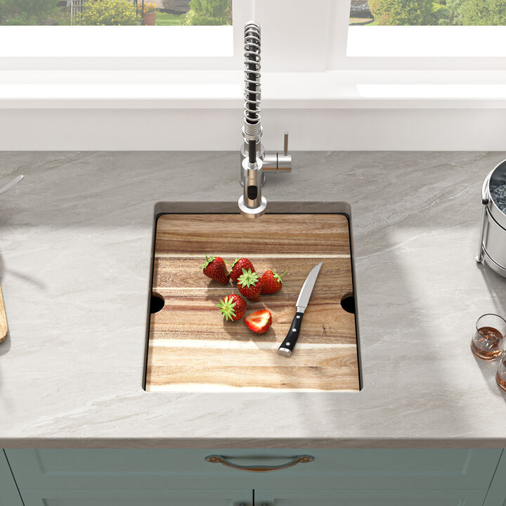 17 in. Undermount Single Bowl Workstation Black Quartz Composite Kitchen Sink Round Corner with Bottom Grid.