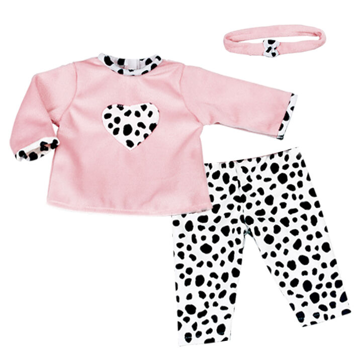 3-Piece Dalmatian Print Outfit for 15" Baby Dolls, Pink/Black/White