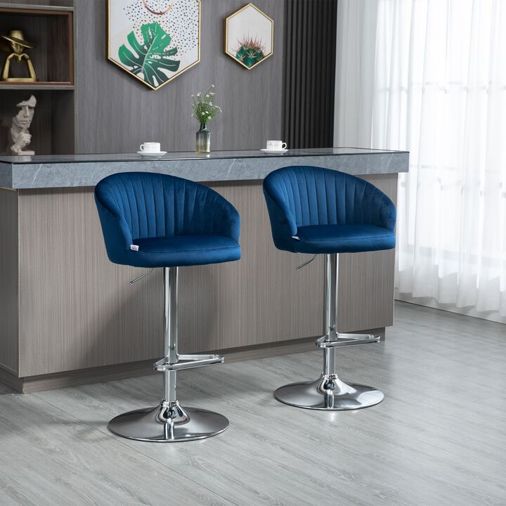Modern Upholstered Adjustable Barstools with Swivel Seat, Velvet Touch Fabric, Steel Frame, Footrest, Blue