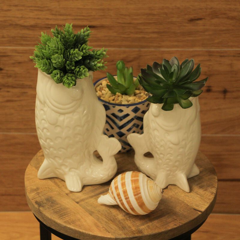 White Fish Decorative Vases Set Of 2 Ceramic Coastal Tabletop 85in And 7in image number 5