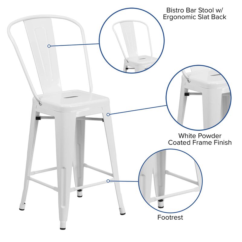 Flash Furniture Commercial Grade 24" High White Metal Indoor-Outdoor Counter Height Stool with Removable Back image number 2
