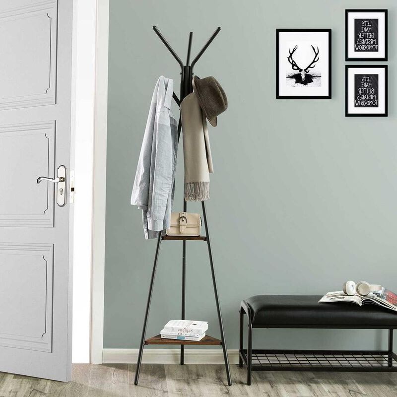 Hivvago Modern Coat Rack with Matte Black Metal Frame and 2 Shelves