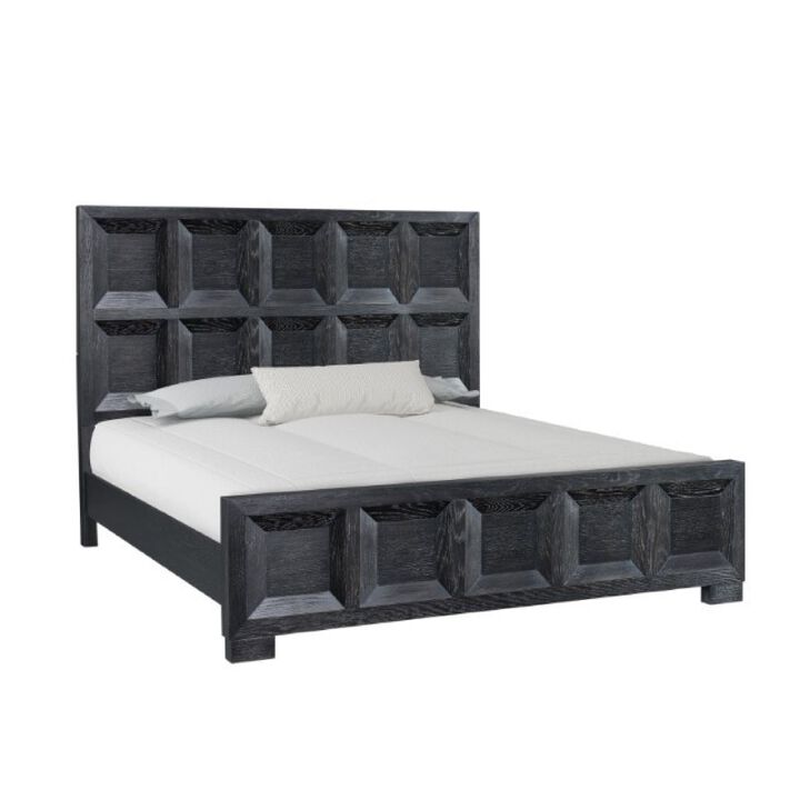 Kizie King Bed, Classic Recessed Panel, Weathered Black Solid Wood - Benzara