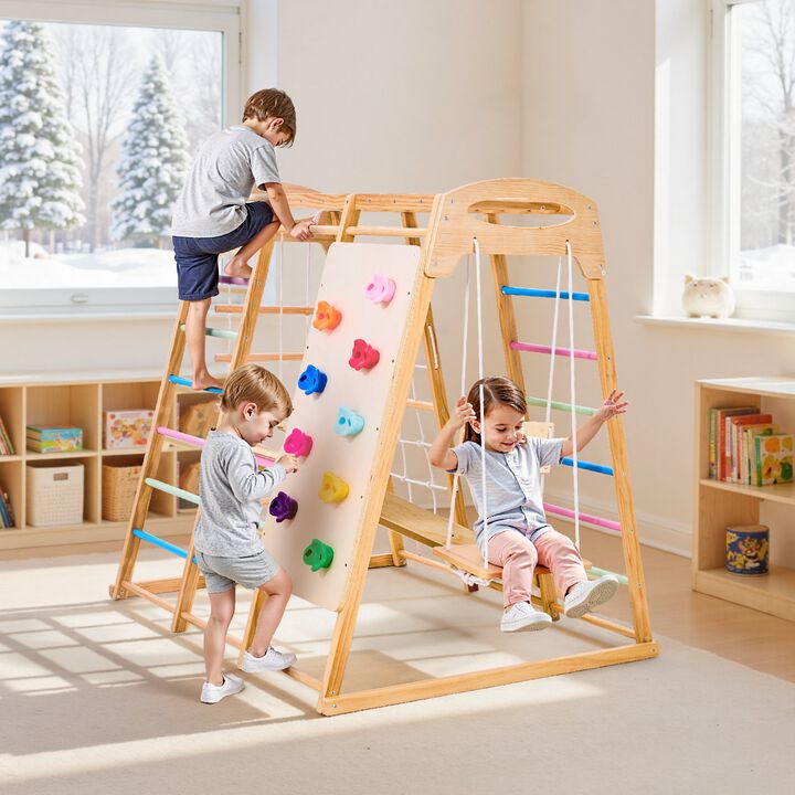 9 in 1 Wooden Indoor Playground Kids Climbing Gym with Slide Swing