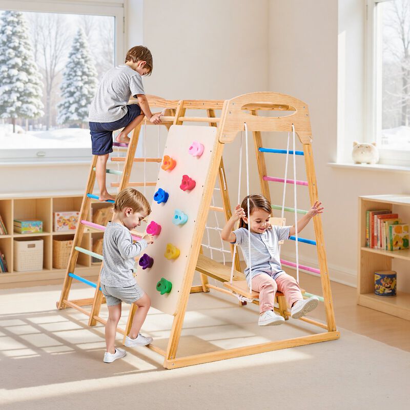 9 in 1 Wooden Indoor Playground Kids Climbing Gym with Slide Swing image number 1