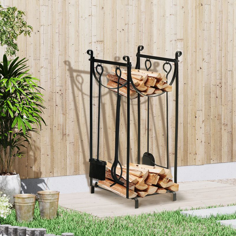 Outsunny Firewood Rack with Fireplace Tools, Indoor Outdoor Firewood Holder, 30.25" Tall Build with 2-Tiers for Fireplace, Wood Stove, Hearth or Fire Pit, Includes Poker, Tongs, Broom, Shovel, Black