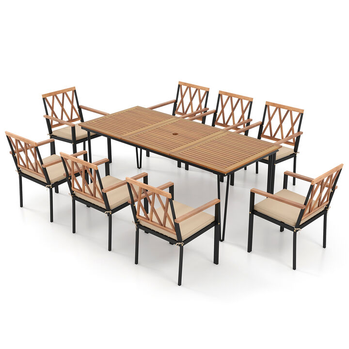 9-Piece Patio Dining Set With Umbrella Hole and Wide Chairs For Outdoor