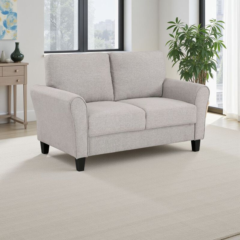 Leroi Loveseat, 58 Inch, Gray Fabric and Round Flared Armrests - Benzara