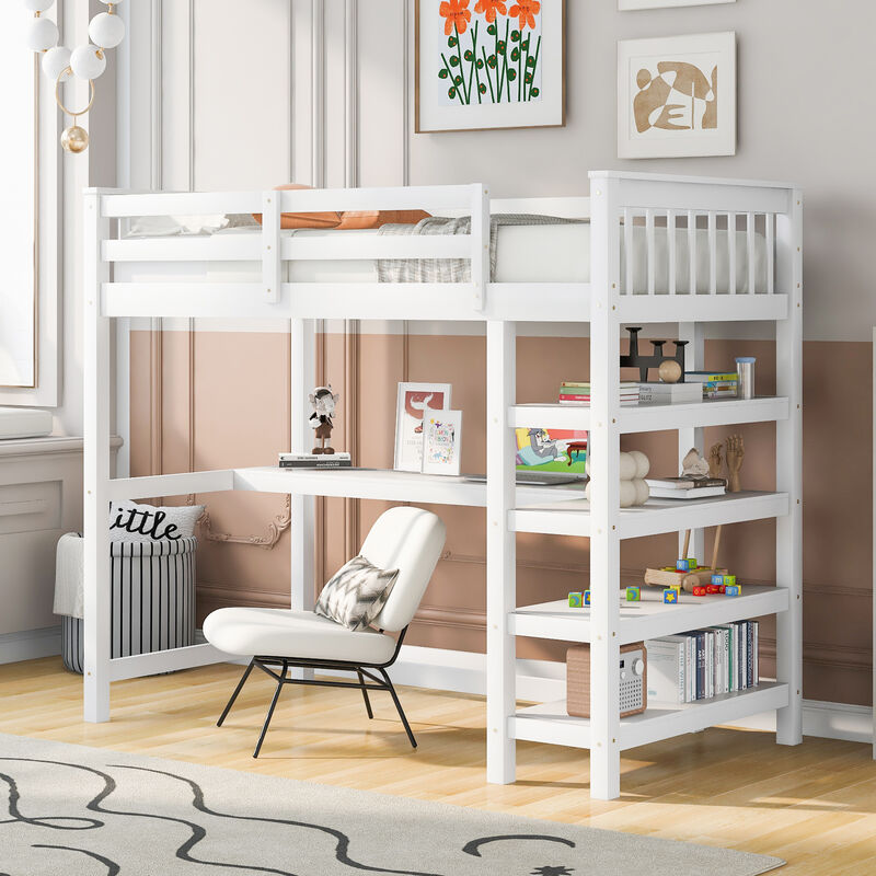 Whisen Elegant Design Twin Size Loft Bed with Storage Shelves and Desk