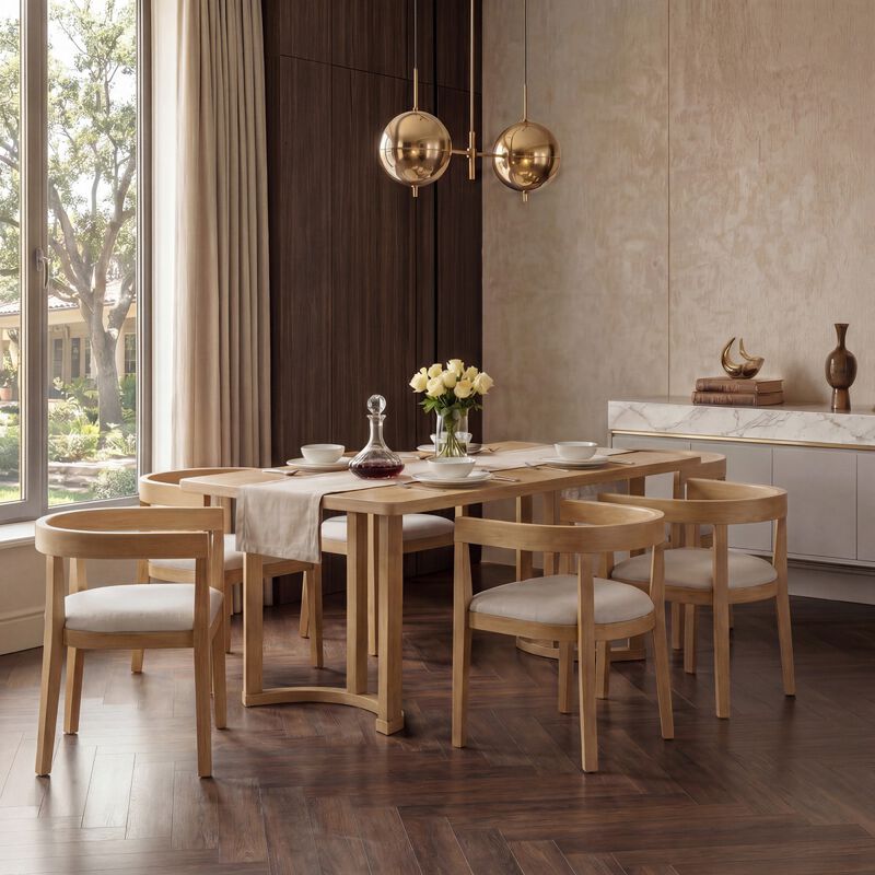 7 Piece Rectangular Dining Table Set with 6 Upholstered Barrel Back Chairs, wood grain kitchen table set, modern dining room table set image number 5