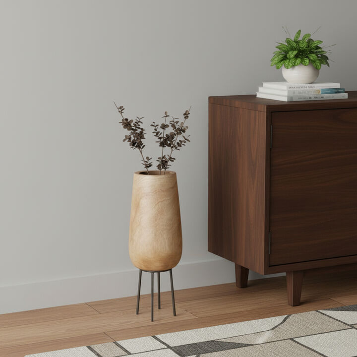 HomeRoots 15" Natural Wood And Metal Cylinder Floor Vase