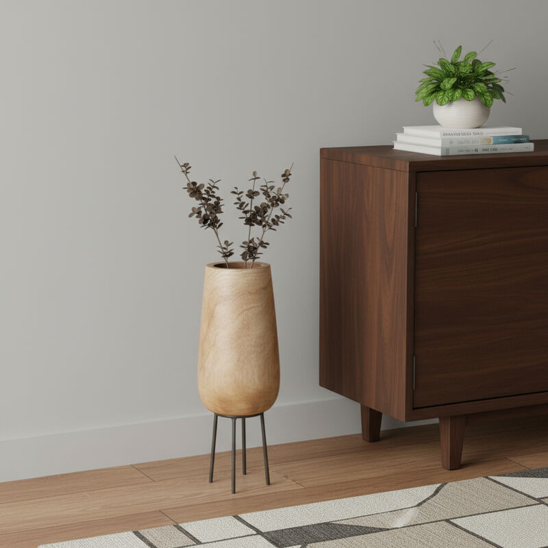 HomeRoots 15" Natural Wood And Metal Cylinder Floor Vase image number 1