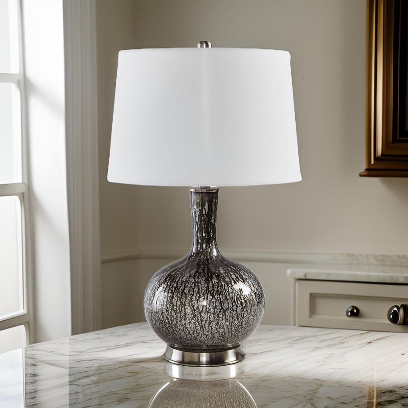 26 Inch Table Lamp, Tall Black Round Glass Base, White Drum Fabric Shade - Benzara
