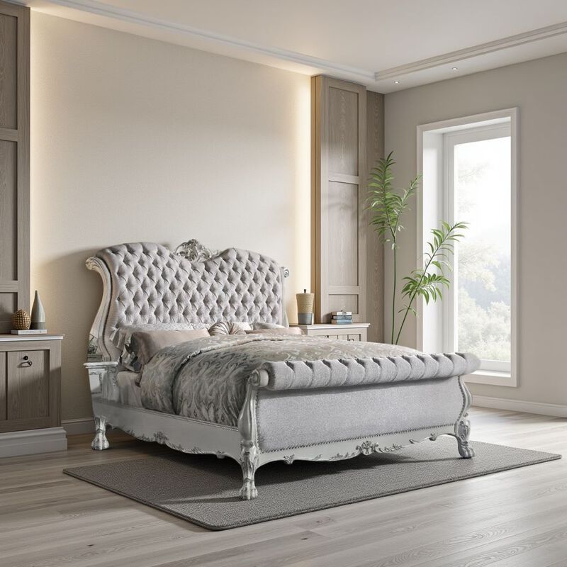 Ally Queen Bed, Classic Crown Trim, Faux Leather Upholstery, White - Benzara