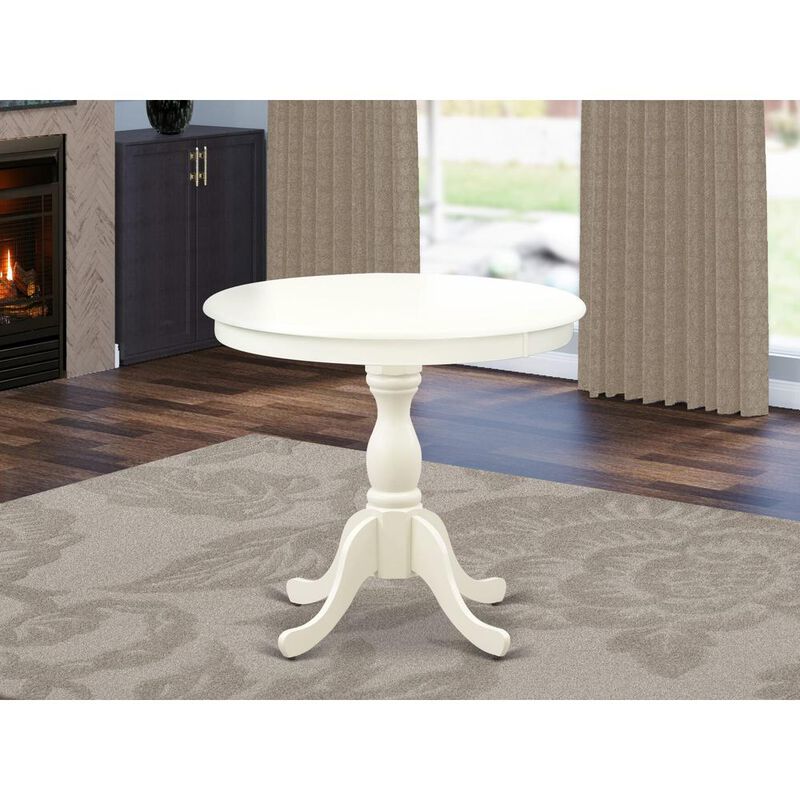 Round Modern Dining Table Linen White Color Table Top Surface and Asian Wood Round Dining Table Pedestal Legs -Linen White Finish