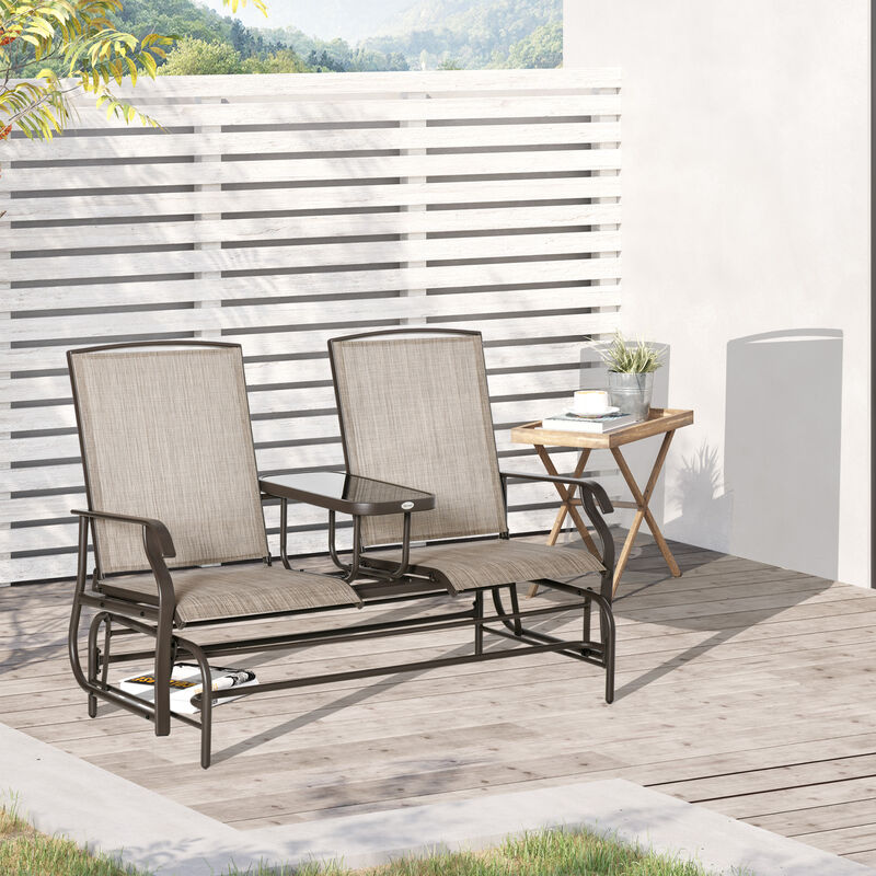 Outsunny Outdoor Glider Bench with Center Table, Metal Frame Patio Loveseat with Breathable Mesh Fabric and Armrests for Backyard Garden Porch, Brown