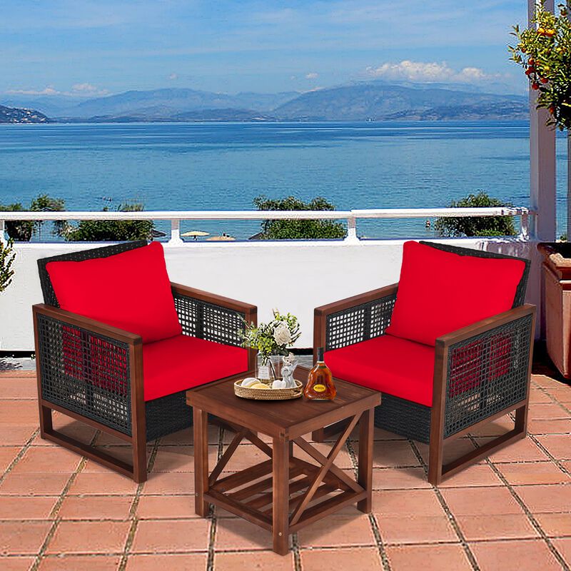 3 Pieces Patio Wicker Furniture Set with Washable Cushion and Acacia Wood Coffee Table image number 1
