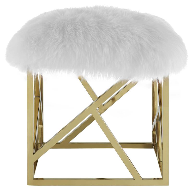 Modway Intersperse Sheepskin Ottoman With Geometric Frame in Gold White