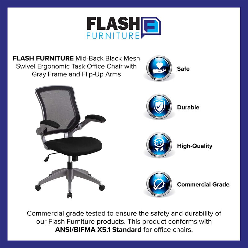 Flash Furniture Kale Mid-Back Black Mesh Swivel Ergonomic Task Office Chair with Gray Frame and Flip-Up Arms