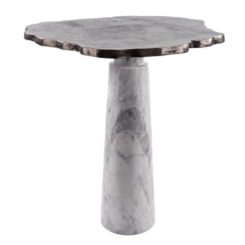 Hivvago 22 Inch Silver and White Aluminum and Marble Pedestal End Table