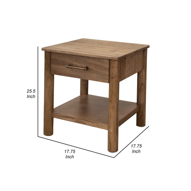 Olum 26 Inch Chairside Table, Drawer, Lower Shelf, Square Top, Wood, Brown