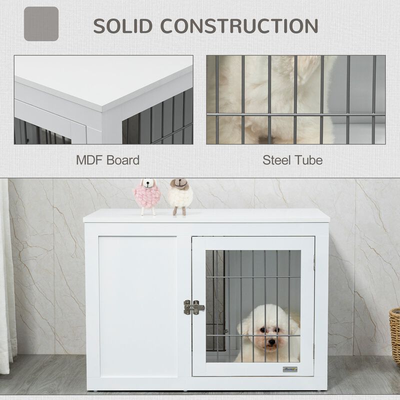 White Pet Furniture: 33" Indoor Dog Crate End Table with Locks