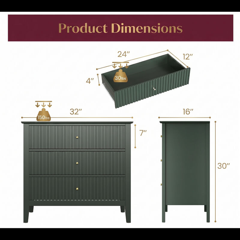 32" Assembled Wide Fluted Nightstand 3-Drawer image number 4