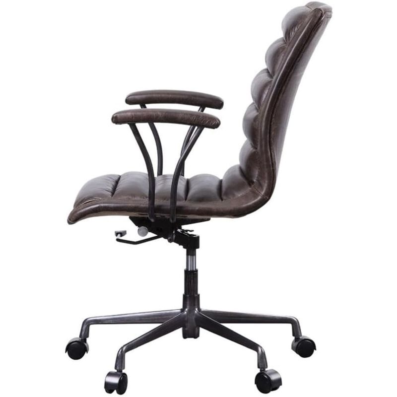 Tufted Leatherette Office Chair with Adjustable Metal Base and Padded Armrest, Brown and Gray image number 4