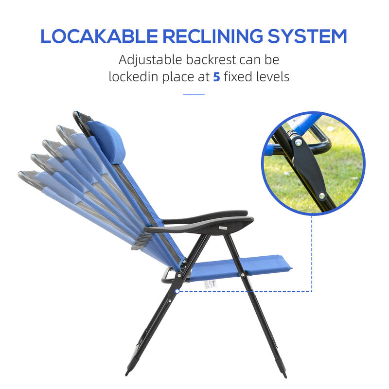 Outsunny Folding Patio Chairs Set of 2, Outdoor Deck Chair with Adjustable Sling Back, Camping Chair with Removable Headrest for Garden, Backyard, Lawn, Blue