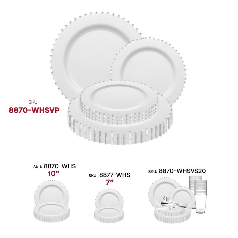 White with Silver Pearl String Round Plastic Dinnerware Value Set (60 Sets) image number 6