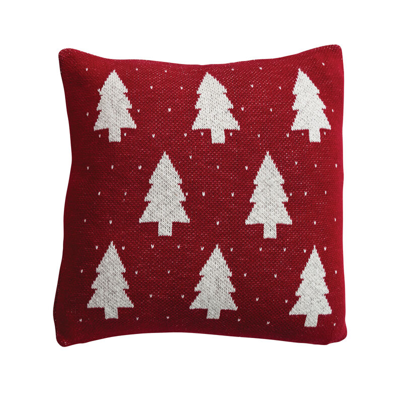 Artisan Knit Trees Cotton Pillow, Red & Natural image number 0