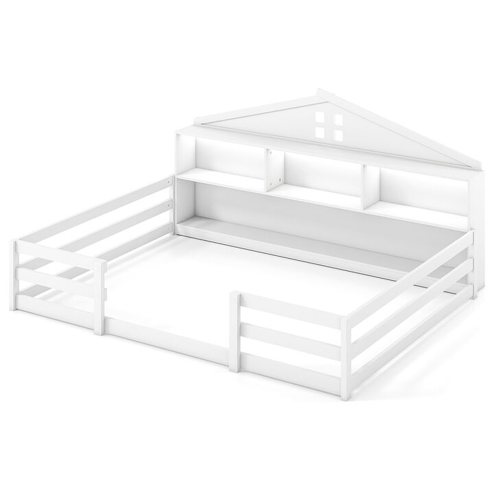 Full Montessori Floor Bed Frame with Built-In Storage and Shelf