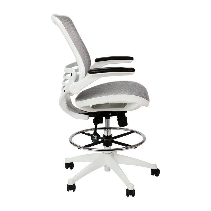 Flash Furniture Mid-Back Transparent Gray Mesh Drafting Chair with White Frame and Flip-Up Arms image number 5