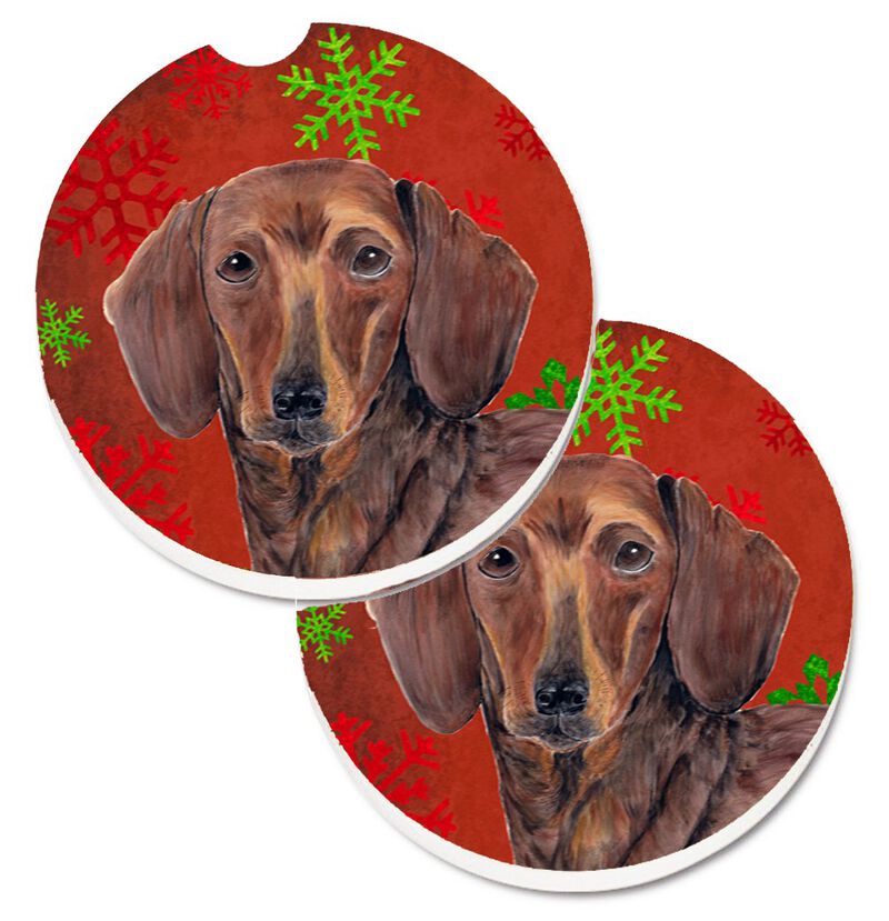 Caroline's Treasures Dachshund Red & green Snowflakes Holiday Christmas Set of 2 Cup Holder Car Coasters SC9408CARC, 2.56, Multicolor image number 0