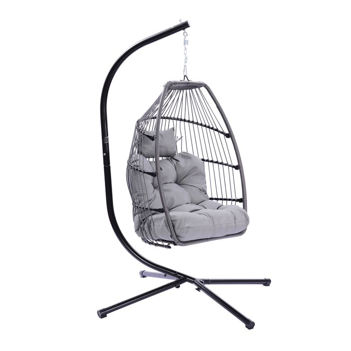 Outdoor Patio Wicker Folding Hanging Chair - Rattan Swing Hammock Egg Chair with Cushion and Pillow