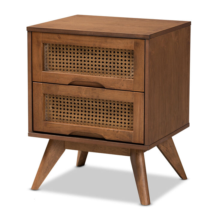 Baxton Studio Barrett Walnut Brown Finished Wood And Synthetic Rattan 2 Drawer Nightstand