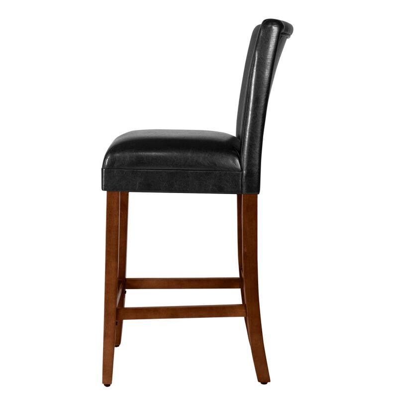 Wooden 29 Inch Bar Stool with Faux Leather Padded Seat and Tapered Feet, Black and Brown