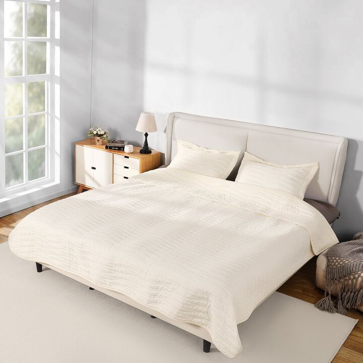 Beige Queen Size Quilt Set, 3-Piece Lightweight Comforter Bedding Set All Season