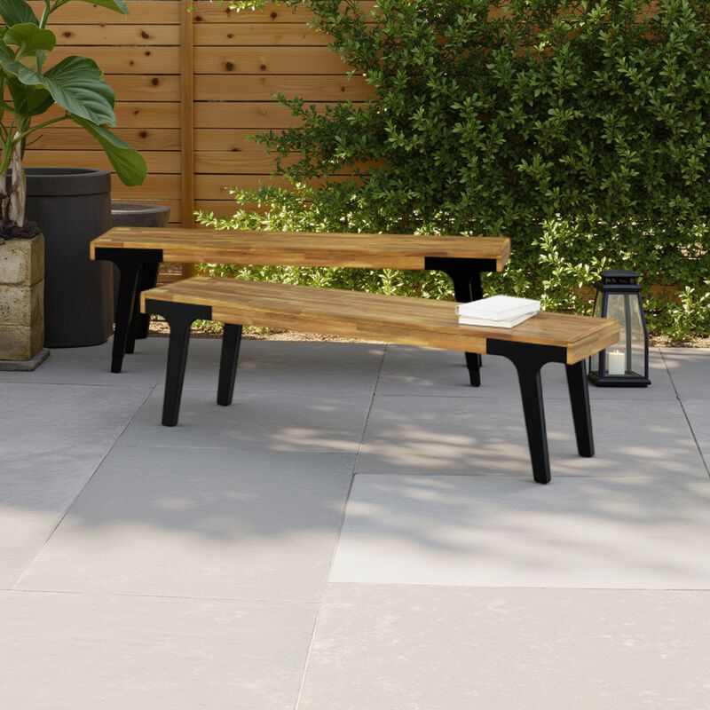 Sheldon Outdoor Bench Set of 2, Slat Panel, 63 Inch Brown Wood, Black - Benzara