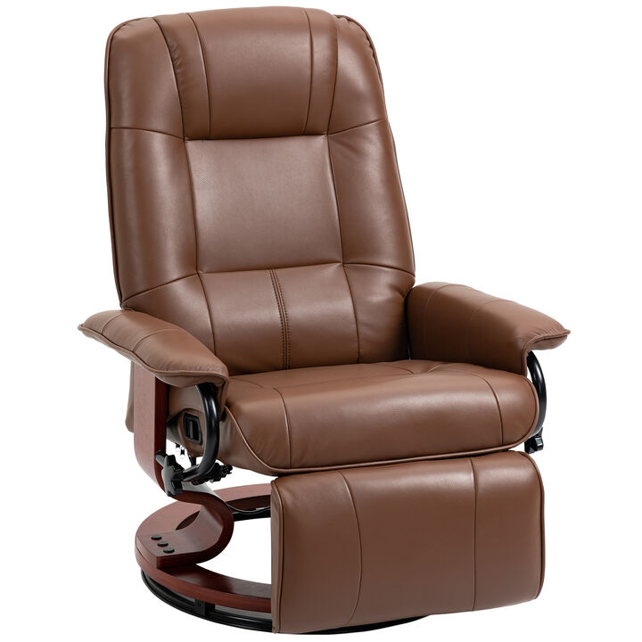HOMCOM Faux Leather Manual Recliner, Adjustable Swivel Lounge Chair with Footrest, Armrest and Wrapped Wood Base for Living Room, Brown