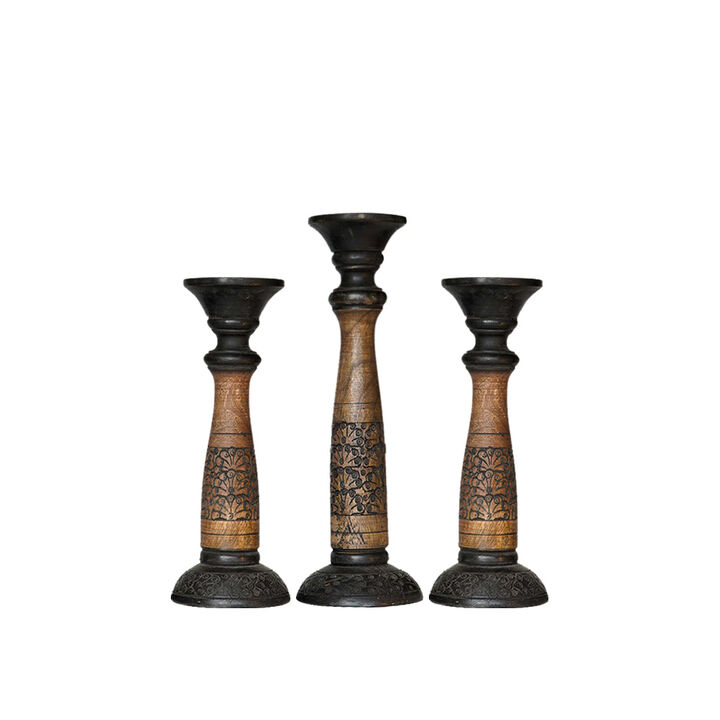 Traditional Black Wash Eco-friendly Handmade Mango Wood Set Of Three 12",15" & 12" Pillar Candle Holder