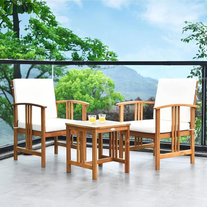 Hivvago 3-Piece Solid Wood Outdoor Patio Furniture Table Chairs Set with White Cushions