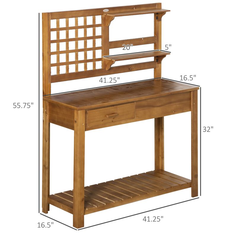 Brown Garden Station: Wooden Potting Bench with Shelves and Drawer