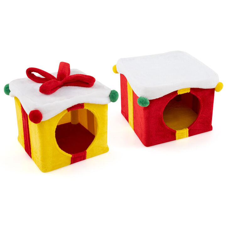 Christmas Cat House Set &ndash; 2 Gift Box Shaped Houses with Decorative Bow