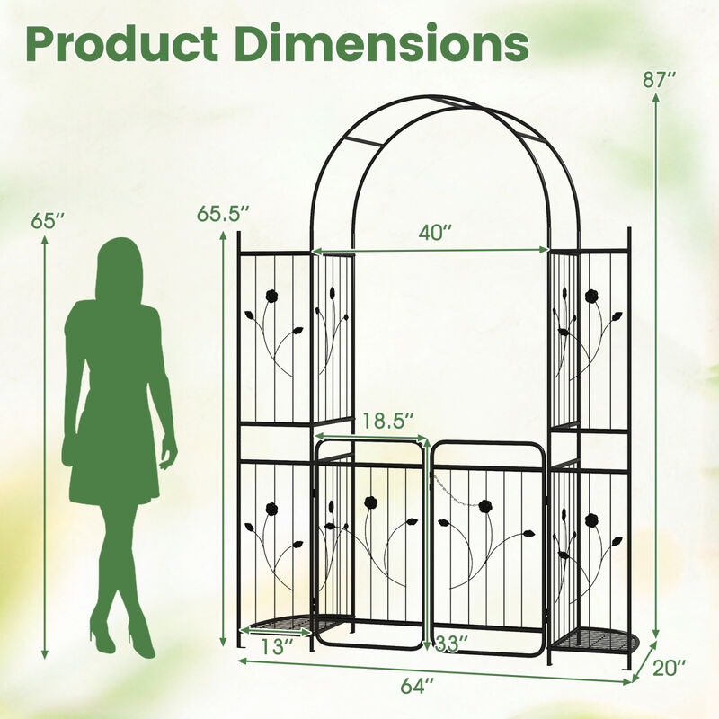 Garden Arch Trellis with Gate and Planter Shelves for Backyard-Black image number 2