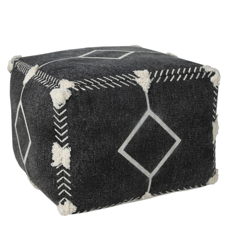 Hivvago 18 Inch Black Cotton Geometric Pouf Ottoman